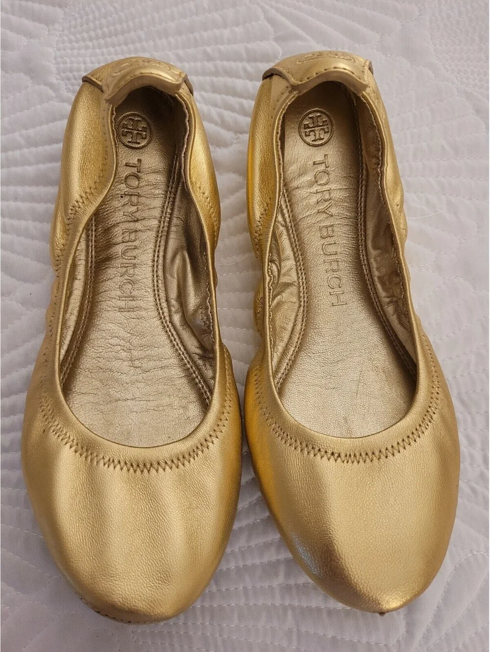 Tory Burch Eddie Ballet Flats Sz 6 Metallic Gold Soft Lamb Leather Ballet Core